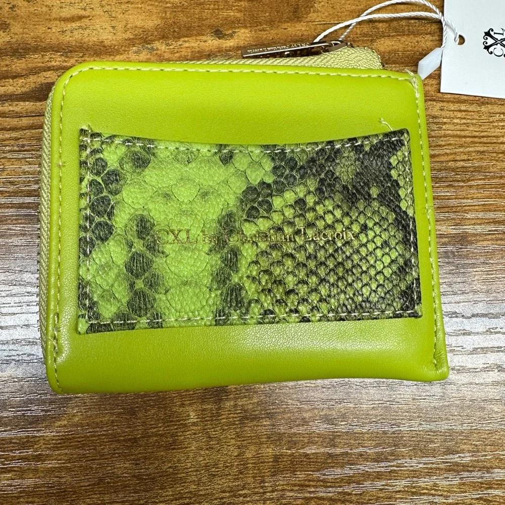 CXL Christian Lacroix Lime Green Viere Python Smooth Zip Around Wallet Card Case